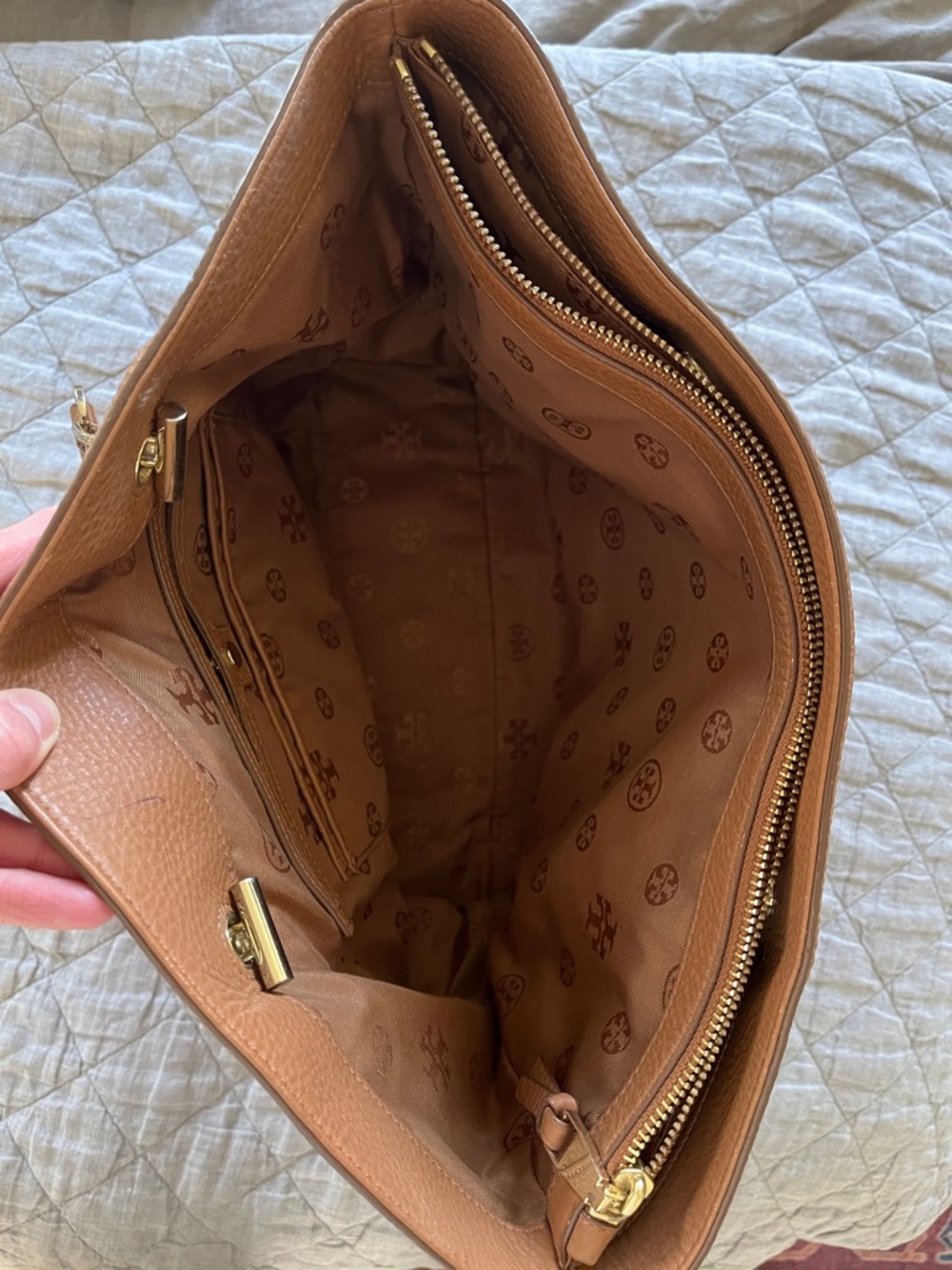 Tory Burch Cognac Pebbled Leather Tote with Gold Logo - Picture 2 of 5